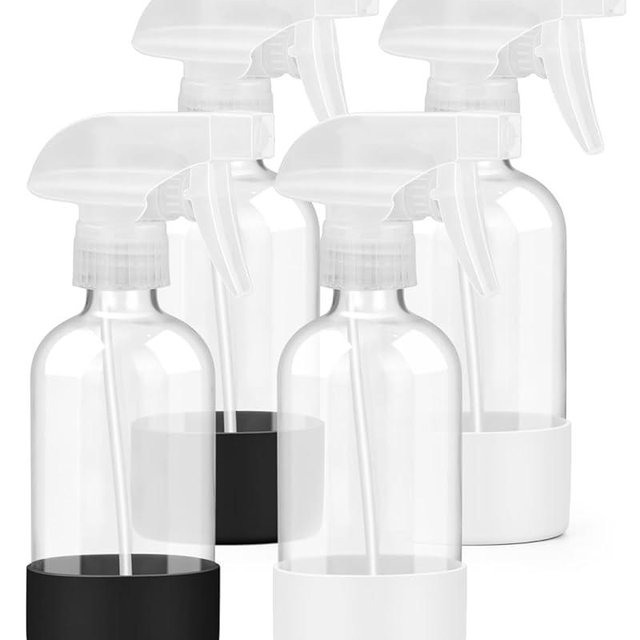 Worldgsb 4 Pack Glass Spray Bottles 8 oz, Empty Refillable Containers with Silicone Sleeve Protection, Glass Spray Bottles for Cleaning Solutions, Hair and Plants with Adjustable Nozzles Black&White