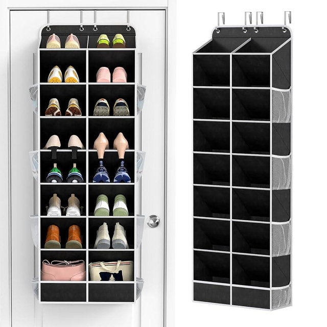 Yecaye 8 Tier Over the Door Shoe Organizer of Deep 16 Compartments, 50lbs Load Shoe Rack for Door in Oxford Holds 16-24 Pairs, Stain-Resistant Hanging Shoe Organizer for Closet, Black