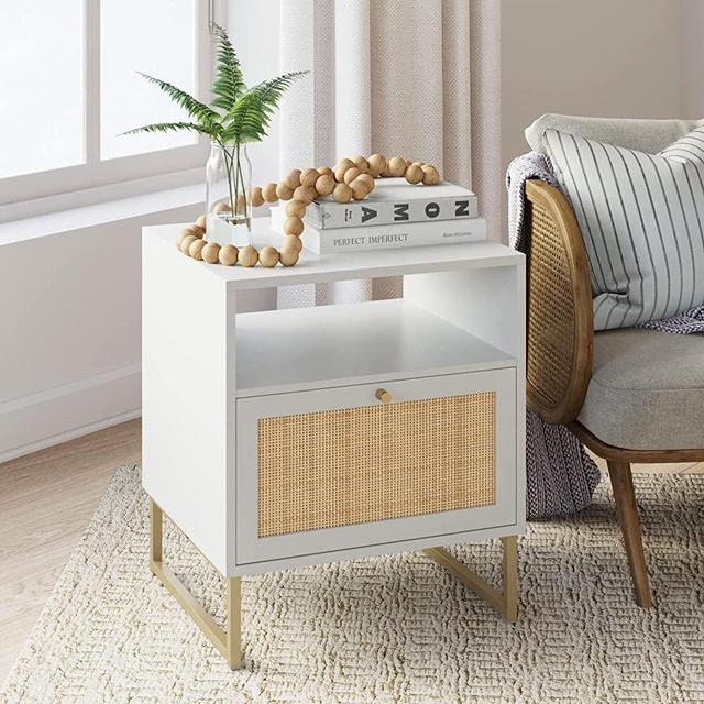 Nathan James 33203 Side, End or Accent Table in a Matte Finish & Brass Legs with Natural Rattan Storage Door for Living Room or Nightstand for Bedroom, White/Gold