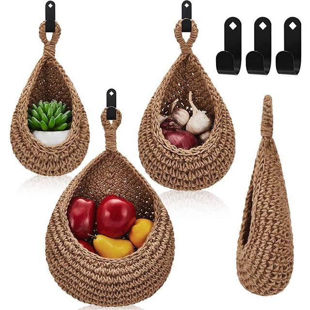 Hanging Wall Basket Teardrop Hanging Baskets Hanging Onion Basket Coat Bohemian Storage Fruit Wall Hooks for Kitchen Wall Home Restaurant Storage Garlic Vegetable Wall Planters(Linen,Mixed Sizes)