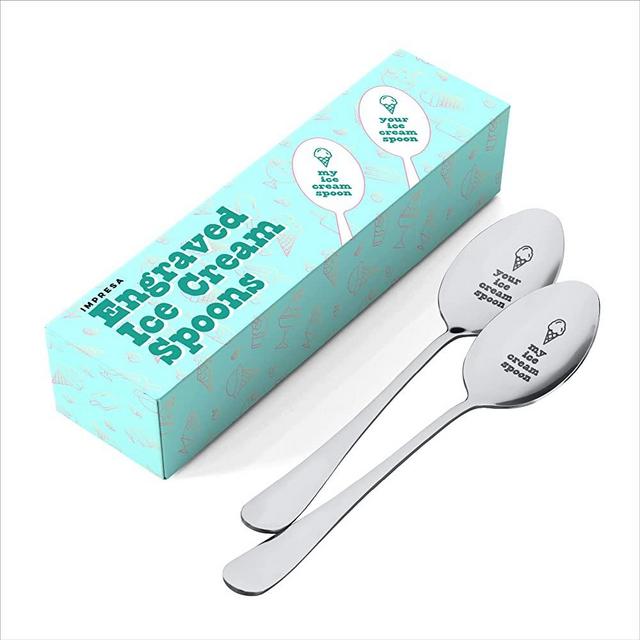 [2 Pack] Mine and Yours Ice Cream Spoons - Long Handled Engraved Ice Cream Spoon - Durable Stainless Steel Couple of Spoons - Cute His and Hers Gifts for Any Occasion - Ice Cream Lovers Gifts