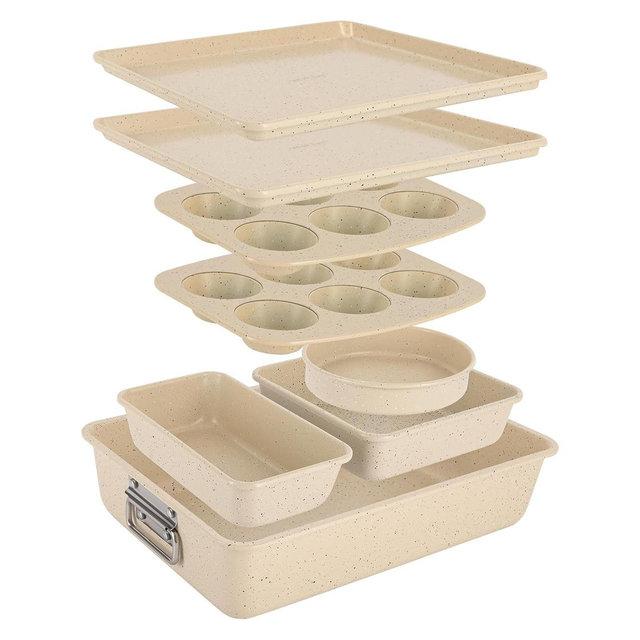 NutriChef 8-Piece Stackable Bakeware Set - Non-Stick Carbon Steel Pans NCBKSTK11 - Marble Cream