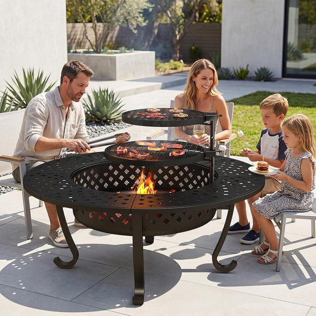 Wisteria Lane 3 in 1 48" Extra Large Fire Pit for Outside Wood Burning with 2 Adjustable Grills, Outdoor Fireplace with Lid and Fire Poker, BBQ & Bonfire & Round Metal Table for Patio, Backyard