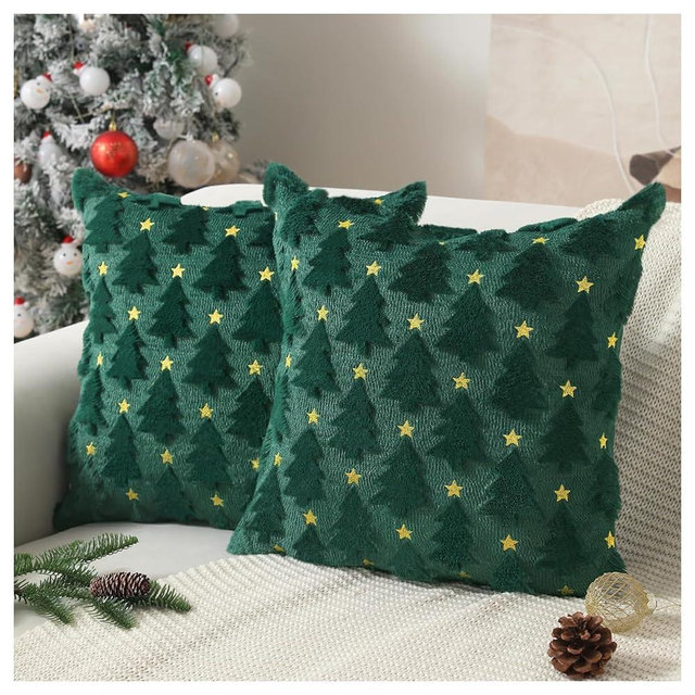 Zobiuiu Christmas Throw Pillow Covers Christmas Decorations Set of 2 Xmas Tree 18x18 Pillow Covers Soft Plush Faux Wool Pillow Cases Holiday Winter Decor Sofa Couch Bed