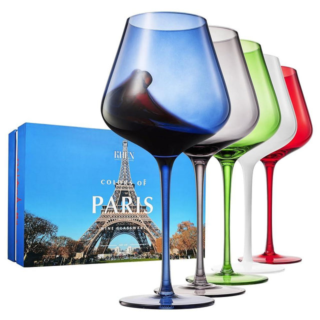 Colors of Paris France Wine Glasses, Art Deco Colored Wine Glass Set, 20oz & Gorgeous Gift Box | Set of 5 | Traveler, Explorer, French Gifts Drinkware For Red & White Wines, Unique Style Tall Stemmed