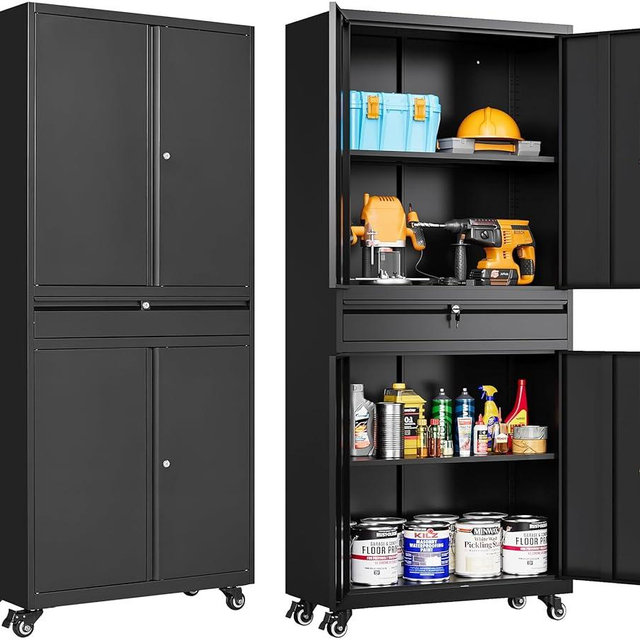 Metal Garage Storage Cabinet with Wheels and Drawer,Black Rolling Garage Cabinet with Locking Doors and Adjustable Shelves,73" Tall Mobile Metal Storage Cabinets on Wheels for Home,Office,Garages,Tool