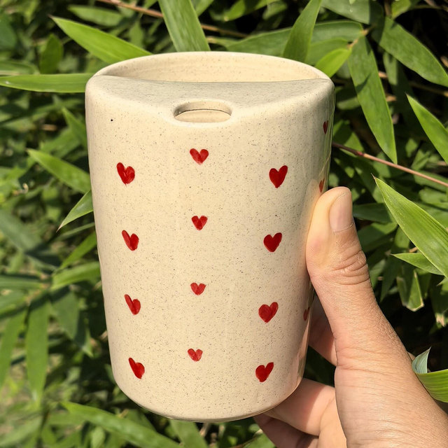 Red Heart Ceramic Travel Mug with Lid, Handmade Ceramic Mug, Ceramic To Go Mug, Pottery Travel Mug, Ceramic Tumbler, Birthday Gift for Her