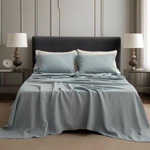 Simple&Opulence Linen Sheets Queen Size Set, 4 Pcs Natural French Linen Bed Sheets, Breathable Soft Durable Bedding Set for All Season (Dusty Blue, Queen)