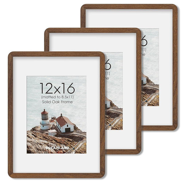 Dreamland 12x16 Poster Frame with Mat for 8.5x11, 3Pack USA-Sourced Natural Oak Wood Picture Frames with Real Glass, 12"x16" Handcrafted Round Corner Frame for Gallery Art Prints or Home Decor, Walnut