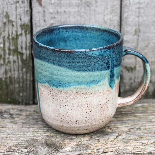 Handmade ceramic coffee mug, blue & beige – MADE TO ORDER – Original artisan pottery mug for coffee or tea lovers. Unique Father's day gift