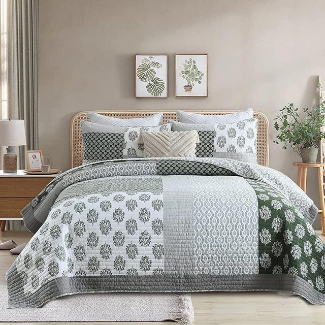 Finlonte Quilt Queen, Queen Size Cotton Quilt Set, Real-Patchwork Floral Bedspreads for Queen Bed, Olive Green Grey White Lightweight Reversible Bed Quilt for All Season, Bedding Set 3 Pieces