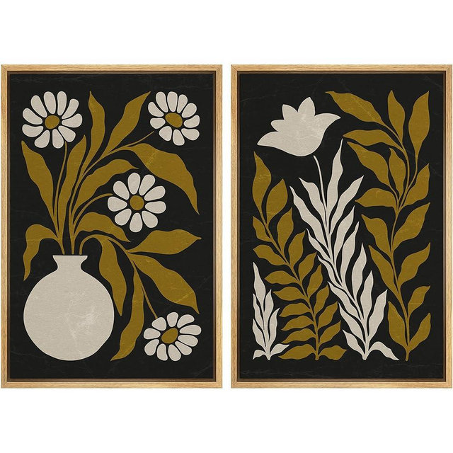 MUDECOR Framed Canvas Print Wall Art Black and Gold Botanical Sophisticated Floral Illustrations Modern Art Decorative Bohemian Colorful Chic for Living Room, Bedroom, Office - 16"x24"x2 NATURAL