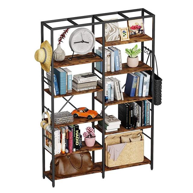 Monesti Bookshelf, 5 Tier Bookcase with 5 S-Hooks, Book Shelf for Bedroom, Living Room, Kitchen, Study and Home Office(Rustic Brown).