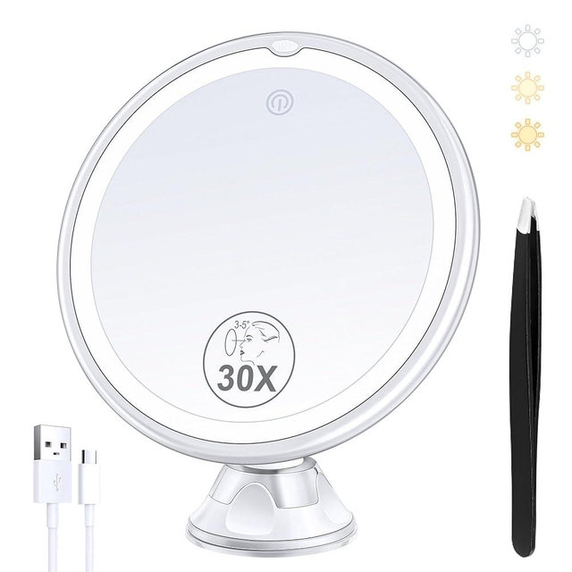 Lighted Makeup Mirror with 30X Magnification, 30X Magnifying Mirror Suction Cup with Light, 3 Color Modes and Adjustable Brightness, 360°Swivel Magnifying Mirror with Light for Vanity Mirror 1500mAh