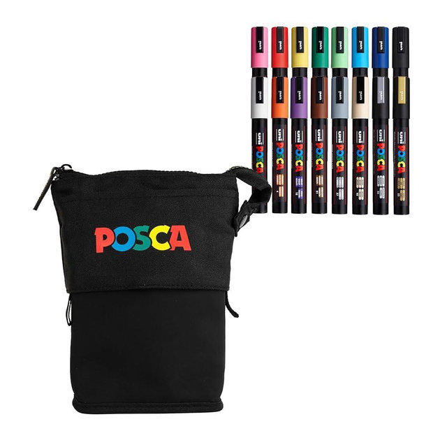 Posca Exclusive 5M Paint Markers Gift Set of 16 with Carrying Case, Great for Kids and Adults, Acrylic Art Markers for Coloring Decorations, Canvas, Wood, Glass and Metal