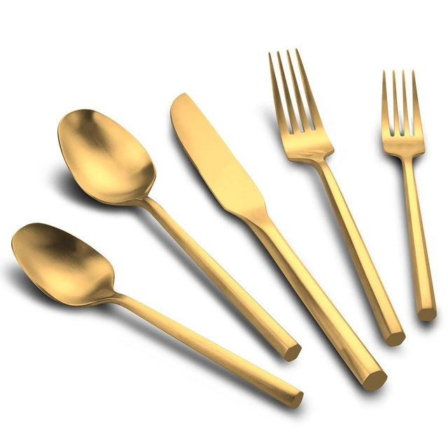 Kelenfer 60-Piece Matte Gold Silverware Set, Hand Forged Utensil, Stainless Steel Flatware Set, Hexagon Handle Cutlery Set for Home Hotel Use, Service for 12