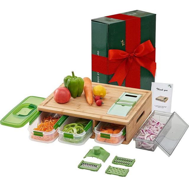 NOVAYEAH Bamboo Cutting Board with Containers, Large Chopping Board with Stackable Containers, Chopping Board with Trays for Food Storage