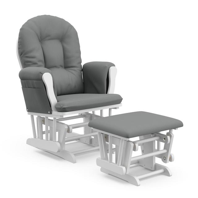 Storkcraft Hoop Glider and Ottoman, White Finish with Gray Cushions