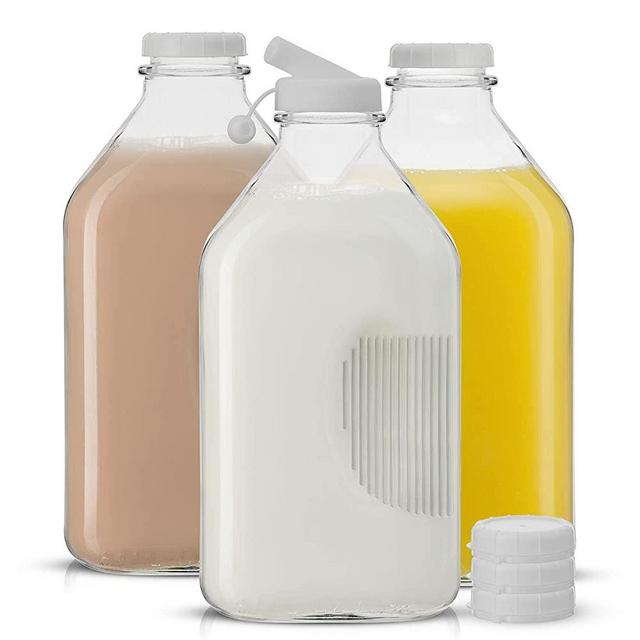 Glass Milk Bottle with Lid AND Pourer Multi-Pack. 64 Oz Reusable Glass Bottles with 6 Lids! Glass Milk Jug Pitcher, Buttermilk, Water or Juice Bottles with Caps, Syrup, Honey or Sauce Container