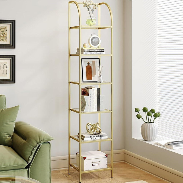 Hzuaneri Bookcase Bookshelf, Tempered Glass Arched Bookshelf for More Storage, Slim Shelving Unit for Bedroom, Bathroom, Home Office, Steel Frame, 6 Tier Gold BC20699G