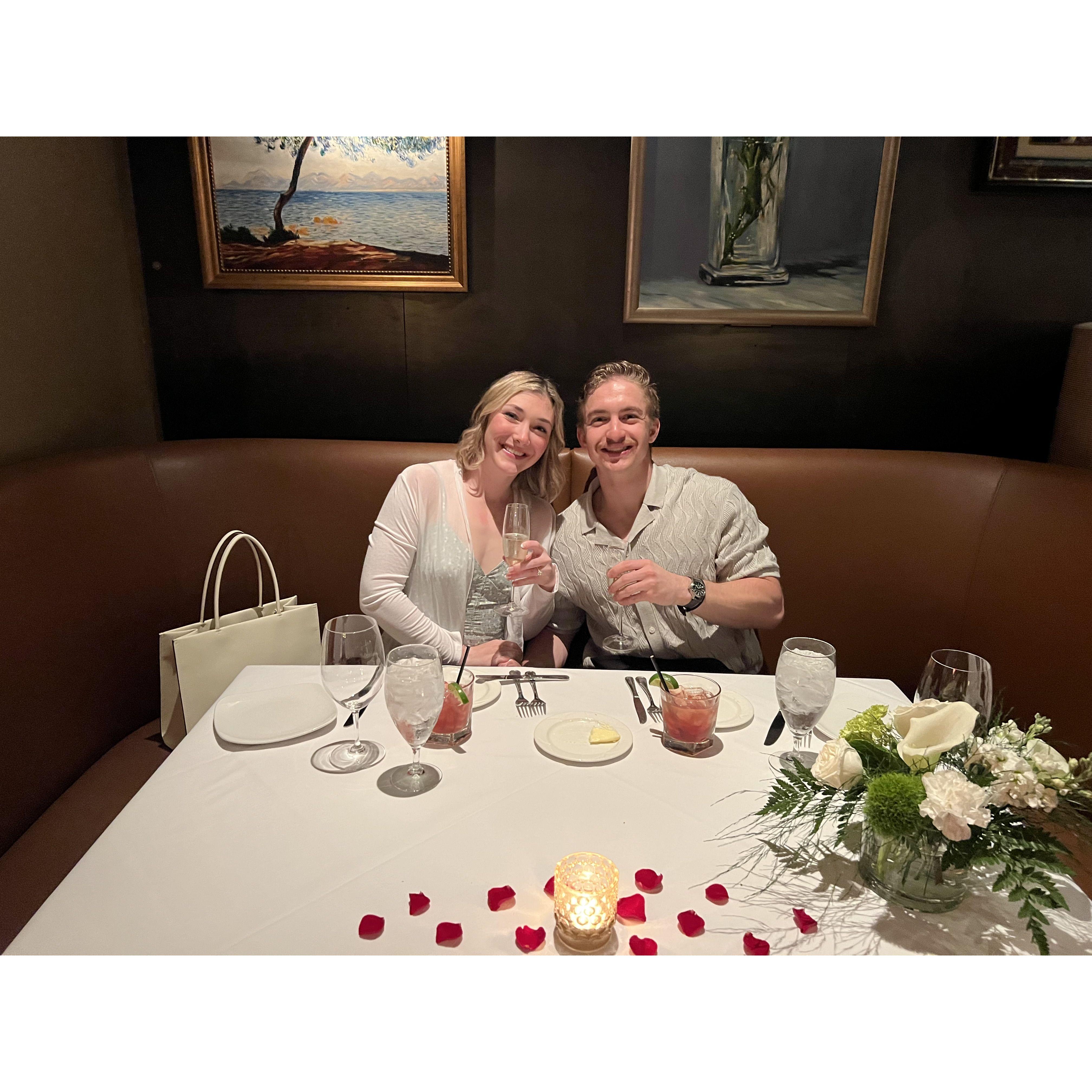 Our celebratory engagement dinner. Fun fact, we had run 11 miles this day and hiked approximately 4 more to get engaged! Lot's of steps.