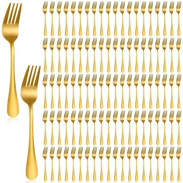 Nuogo 100 Pcs Gold Dinner Fork Stainless Steel Silverware Forks 8 Inch Metal Forks Bulk Gold Dinnerware Flatware Forks Cutlery for Wedding Birthday Party Baby Shower Home Kitchen Restaurant Supplies