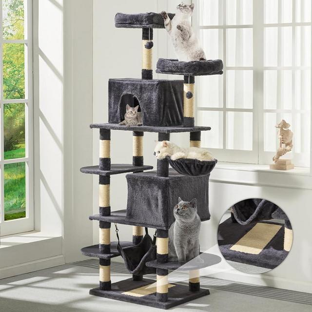 MDEAM Cat Tree 74 Inch Multi-Level Large Cat Tower with 16 Sisal Scratching Posts,2 Caves,2 Perches,Hammock,Scratching Board,Basket,Cozy Plush Cat Perches for Indoor Large Cats(Dark Gray)