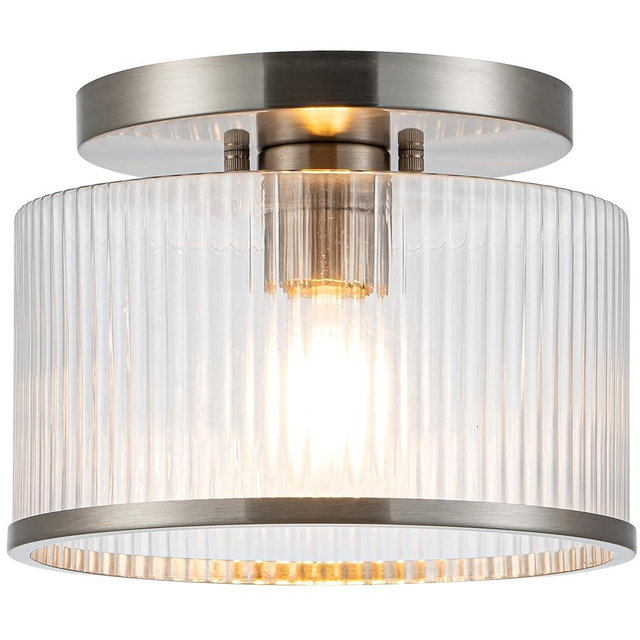 Zlepmlla Glass Ceiling Light, Clear Ribbed Glass Ceiling Light Fixture with Nickel Metal Frame, Modern Semi Flush Mount Ceiling Light for Hallway,Entryway, Bedroom, Bathroom, Kitchen