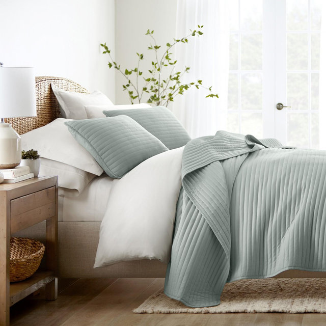Stripes Floral and Diamonds Quilted Coverlet Set With Shams - Becky Cameron, Stripe Stitch / Eucalyptus, Twin/Twin Extra Long