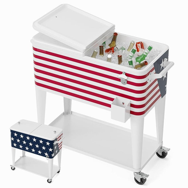 VINGLI 80 Quart Rolling Ice Chest, Portable Patio Party Bar Drink Cooler Cart, with Shelf, Beverage Pool with Bottle Opener