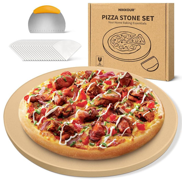 16 Inch Round Pizza Stone for Oven - Cordierite Baking Stone for Pizza, Cookies & Bread, Even Heating, Thermal Shock Resistant, Grill Pizza Stone with Stainless Steel Cutter & 20 PCS Parchment Papers