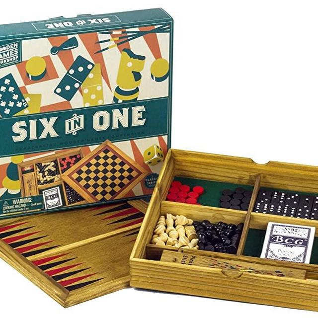 Professor Puzzle Wooden Games Compendium - Portable Six in One Combination Game Set - Checkers, Chess, Backgammon, Pick-up Sticks, Cards & Dominoes Set.