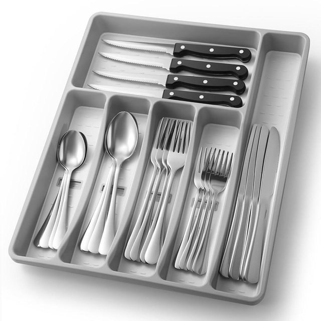 24-Piece Silverware Set with Organizer，Heavy Duty Stainless Steel Flatware Cutlery Tableware Set for 4，Includes 6-Compartment Silverware Tray with Cutlery Icons，Tableware Set with Steak Knives