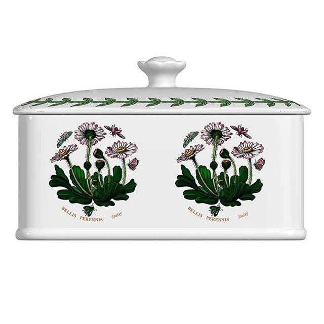 Portmeirion Botanic Garden Covered Butter Tub | 6 Inch Butter Keeper with Knobbed Lid | Assorted Floral Motifs | Made from Porcelain | Dishwasher Safe