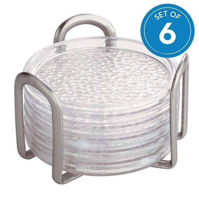 iDesign Rain Stainless Steel Drink Coasters with Holder for Home Counters, Kitchen, Dining Room, Living Room, Patio, Coffee Table, Set of 6, Clear