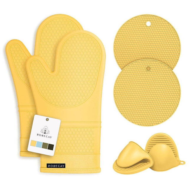 Rorecay Silicone Oven Mitts and Pot Holders Sets: Heat Resistant Silicone Oven Mittens with Mini Oven Gloves Hot Pads Potholders for Kitchen Baking Cooking, Quilted Liner, Samoan Sun