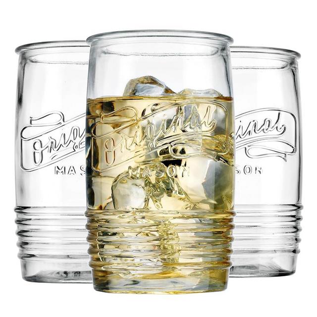 Glaver's Set of 8 Tumbler Glass Cups 20 OZ Mason Stemless Tall Drinking Glasses For Everyday Use, Modern Shaped With Vintage Original Mason Logo For Bar, Water, Beer, Juice.