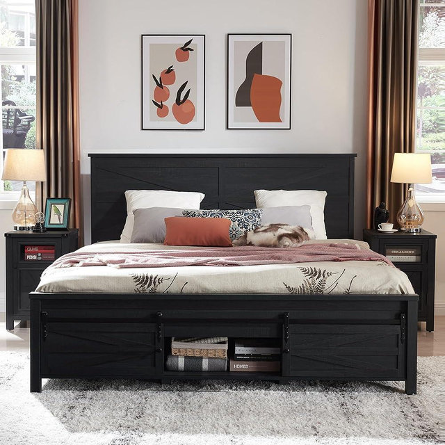 JXQTLINGMU Farmhouse Wood Bed Frame Queen Size with Sliding Barn Door Storage Cabinets and Headboard, Solid Wood Slats Support, Noiseless, No Box Spring Needed, Black