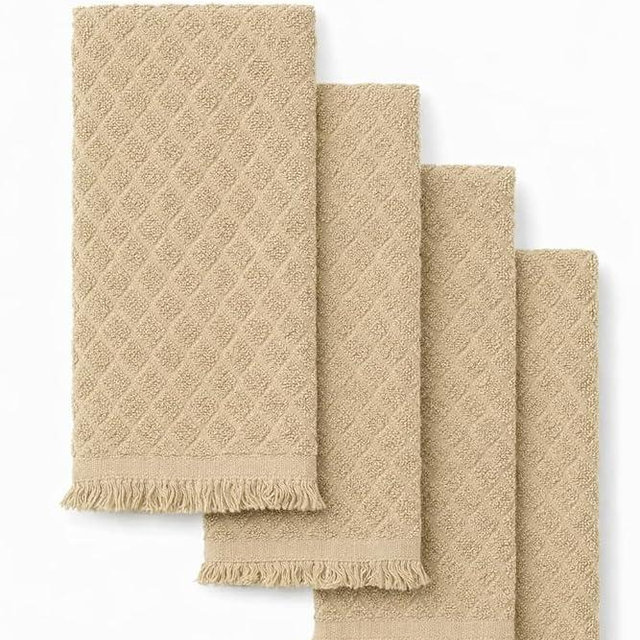 MosJos Kitchen Towels, Set of 4 Hand Towels, Sage Taupe Diamond Pattern Drying Towels 18 x 28 Super Absorbent Cotton Hand Cloths with Fringed Edges, Everyday Essentials Kitchen Linens