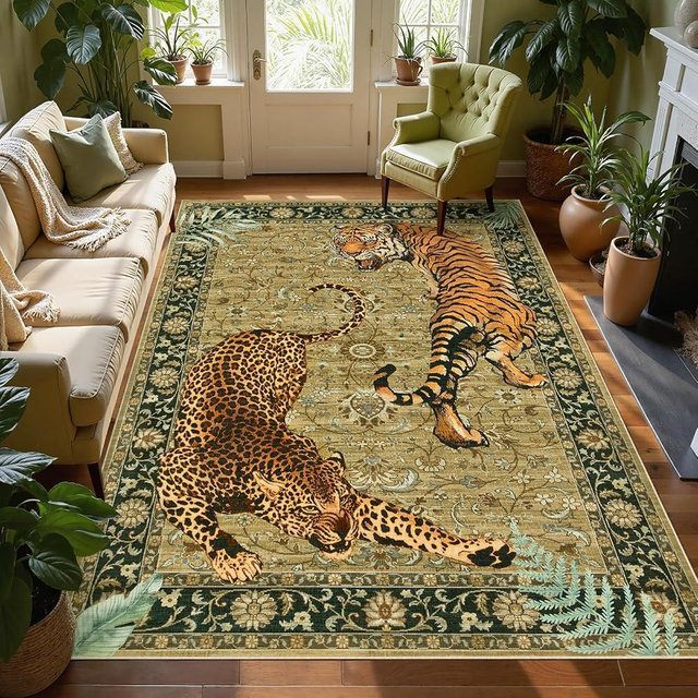 Joydeco Washable Tiger Print 5x7 Living Room Area Rug, Vintage Boho Cheetah Dining Room Rug Non Slip, Leopard Stain Resistant Carpet for Bedroom Office Playroom Entryway, Camel