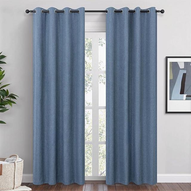 QmQmok Blue Linen Blackout Curtains 84 Inch Length 2 Panels Set for Bedroom Living Room Grommet 100% Black Out Linen Drapes Room Darkening Window Curtains 84 Inches Long Stone Blue