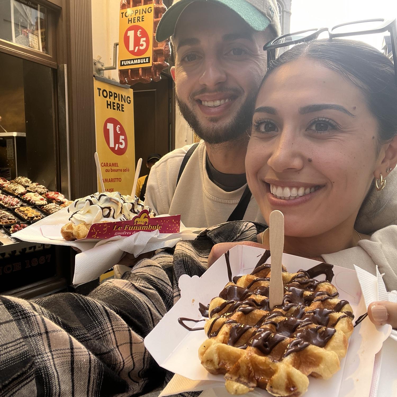 2023: Enjoying a Belgian waffle in Brussels, Belgium!