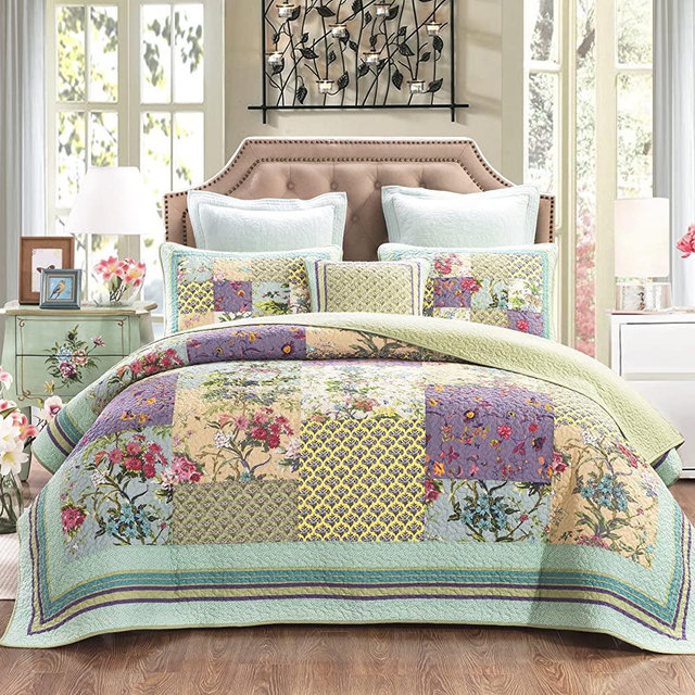 YAYIDAY Patchwork Bedspread Quilt Set Queen Size - Reversible Breathable Colorful Blanket Floral Quilted Coverlet with Pillow Shams, Country Rustic Bohemian Pattern Rural Queen