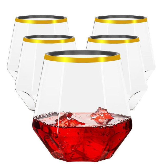 Lueumxc 40 Pack Diamond Plastic Wine Glasses,Unbreakable Stemless Whiskey Cocktail Wine Champagne Glasses,12 Ounce Durable Disposable Cups Gold Rim for Parties, Weddings, Birthdays