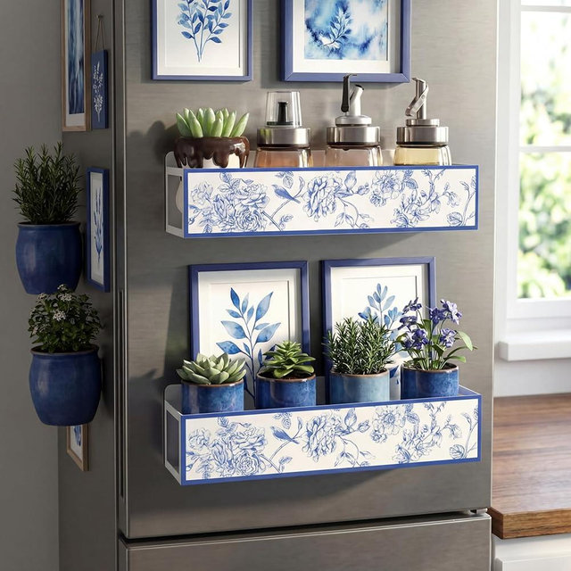 Beeveer 2 Pack Floral and Bird Magnetic Spice Rack for Refrigerator Metal Magnet Basket Shelf for Fridge Seasoning Storage Organizers Home Decor Kitchen Accessories (Blue and White)