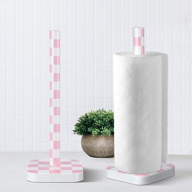 Teenyyou Checkerboard Paper Towel Holder Pink Wood Paper Towel Stand with Anti Skid Base for Kitchen Bathrooms