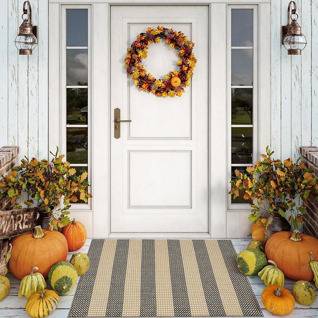 OJIA Fall Front Door Mat Outside Entrance 24"x35" Tan Halloween Doormat Front Door Rug Washable Porch Rugs Woven Striped Outdoor Rugs Entryway Rugs Indoor Small Area Rug for Kitchen Entry Bathroom
