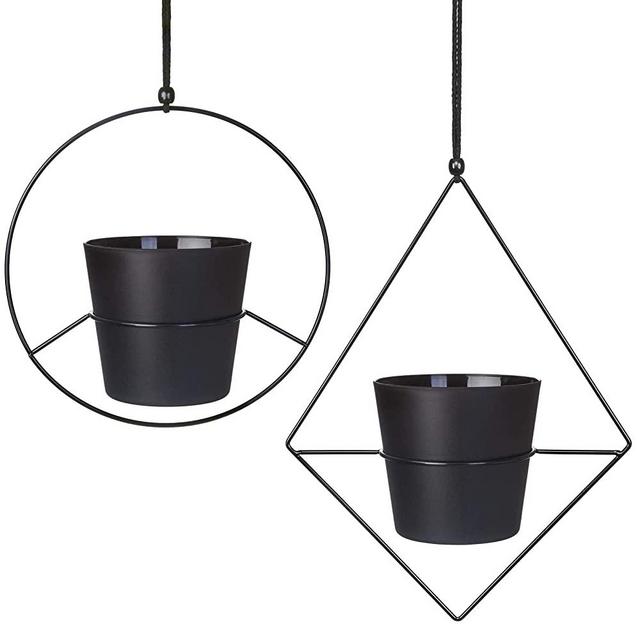 Mkono Boho Hanging Planter, Set of 2 Metal Plant Hanger with Plastic Pots, Modern Mid Century Flower Pot Plant Holder in Diamond and Circle Shape, Fits 6 Inch Planter (Plastic Pots Included), Black