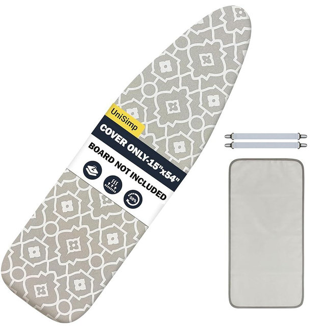 UniSimp Ironing Board Cover and Pad 15X54“ - Extra Thick Natural Cotton, Scorch & Stain-Resistant Padding, Standard Size Iron Board Cover with Metal Fasteners Heavy Duty Elastic Edge, Heatproof