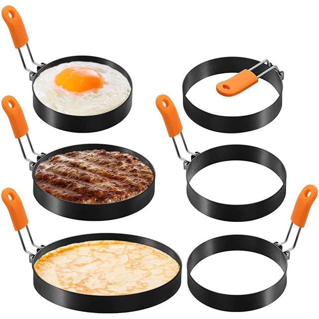 6 Pcs Professional Egg Ring Pancake Ring Combo Set, 4 Stainless Steel Fried Egg Ring 4 Inch, 2 Griddle Pancake Shapers 6 Inch 8 Inch with Orange Silicone Handle for Breakfast Pancake Omelette Sandwich